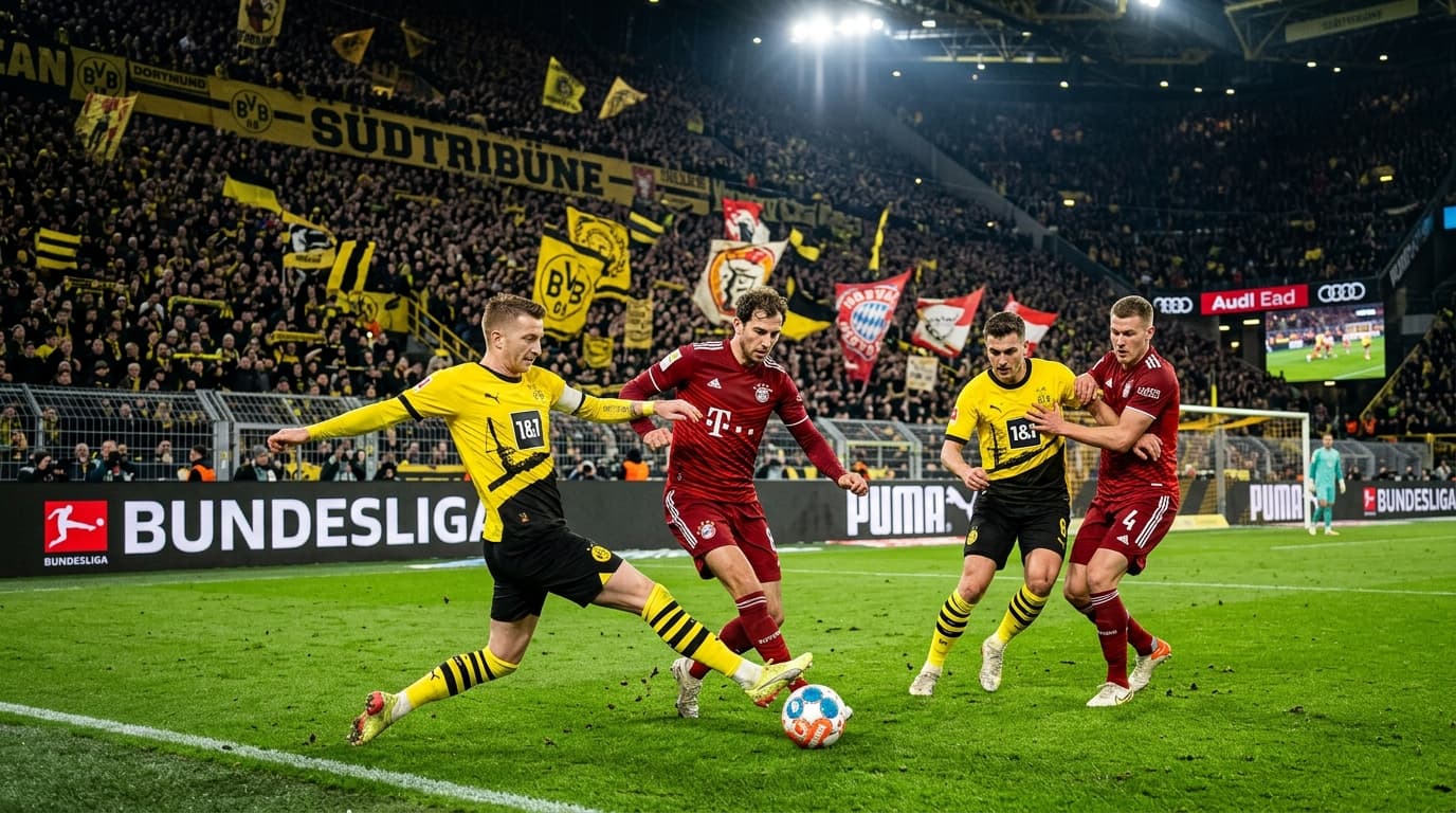 German Bundesliga football match with passionate stadium crowd and yellow wall