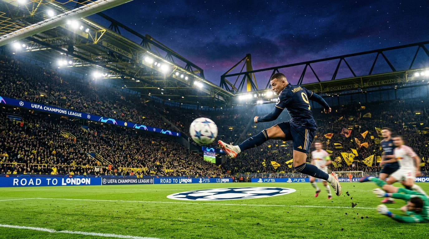 UEFA Champions League European night football match under stadium floodlights