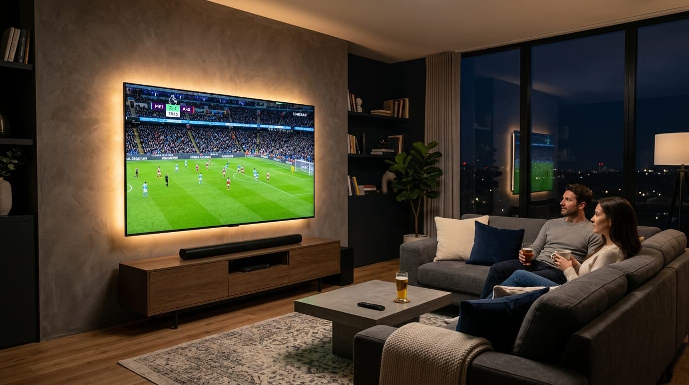 Streaming live football on a modern smart TV in a cozy living room without cable