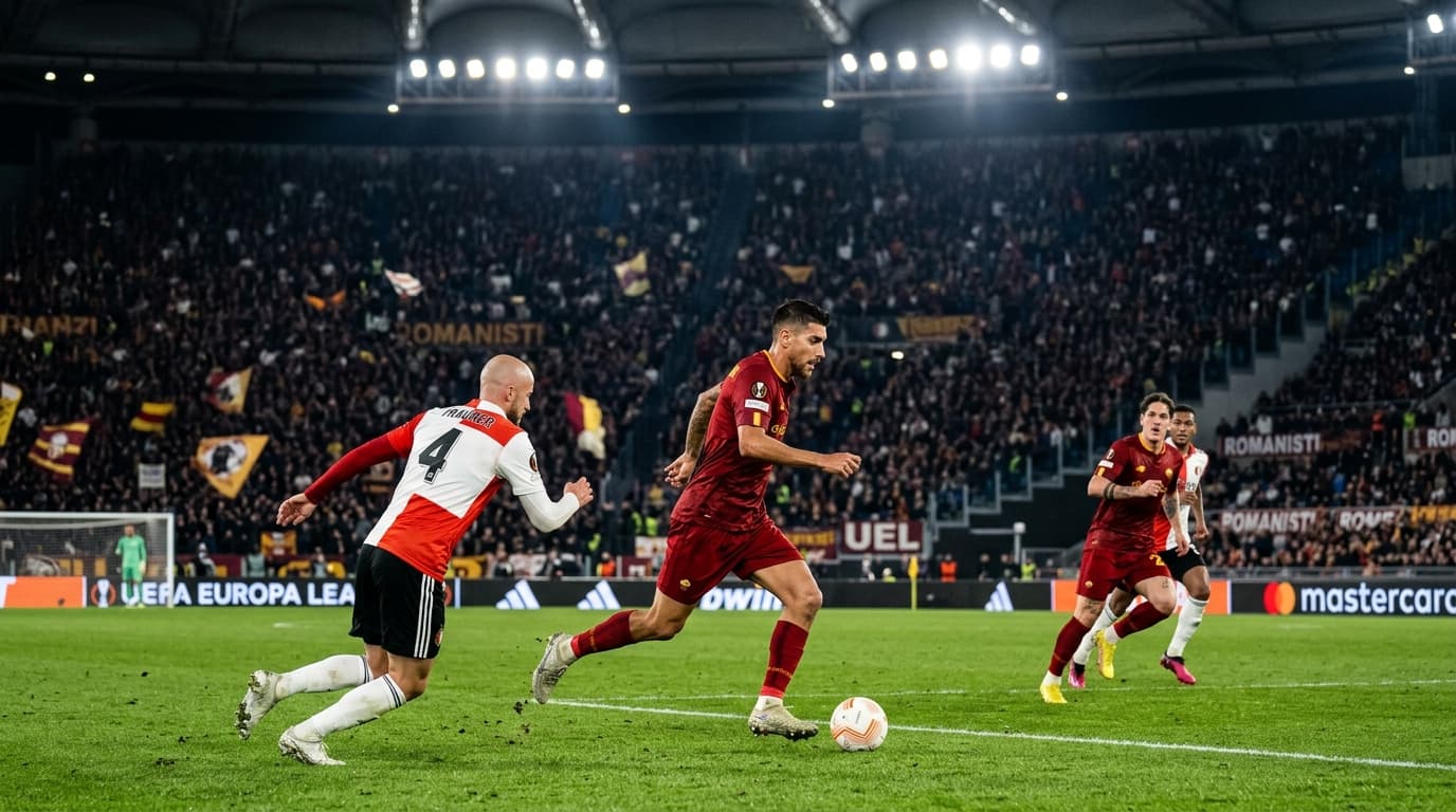 UEFA Europa League football match under stadium lights on a European night