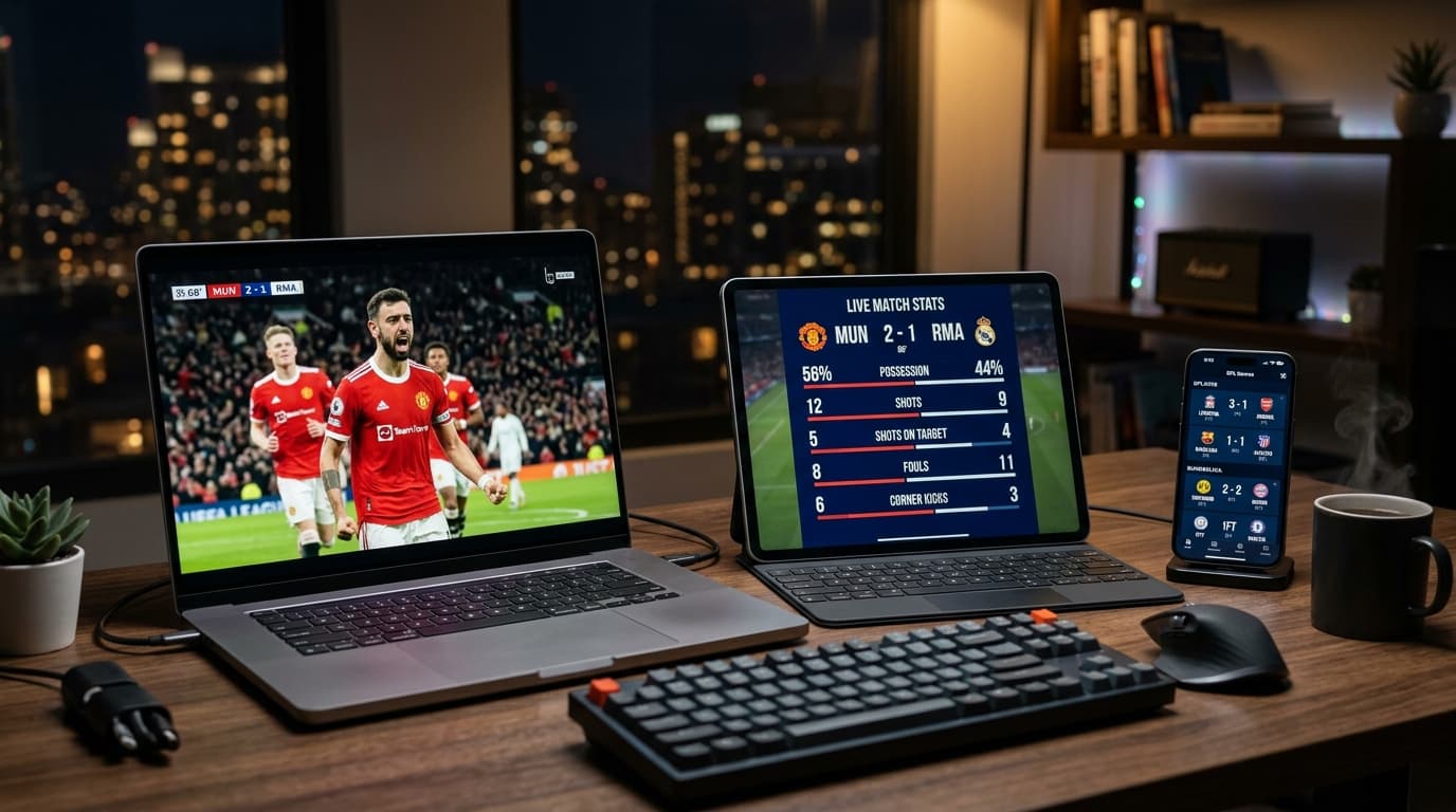 Watching live football match on multiple modern digital streaming screens