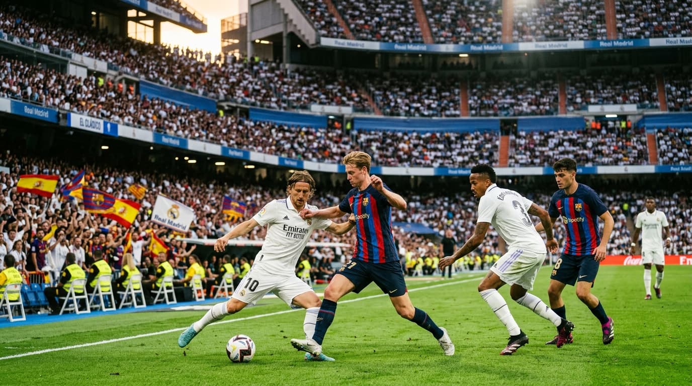 Spanish La Liga El Clásico football match action in a vibrant Spanish stadium