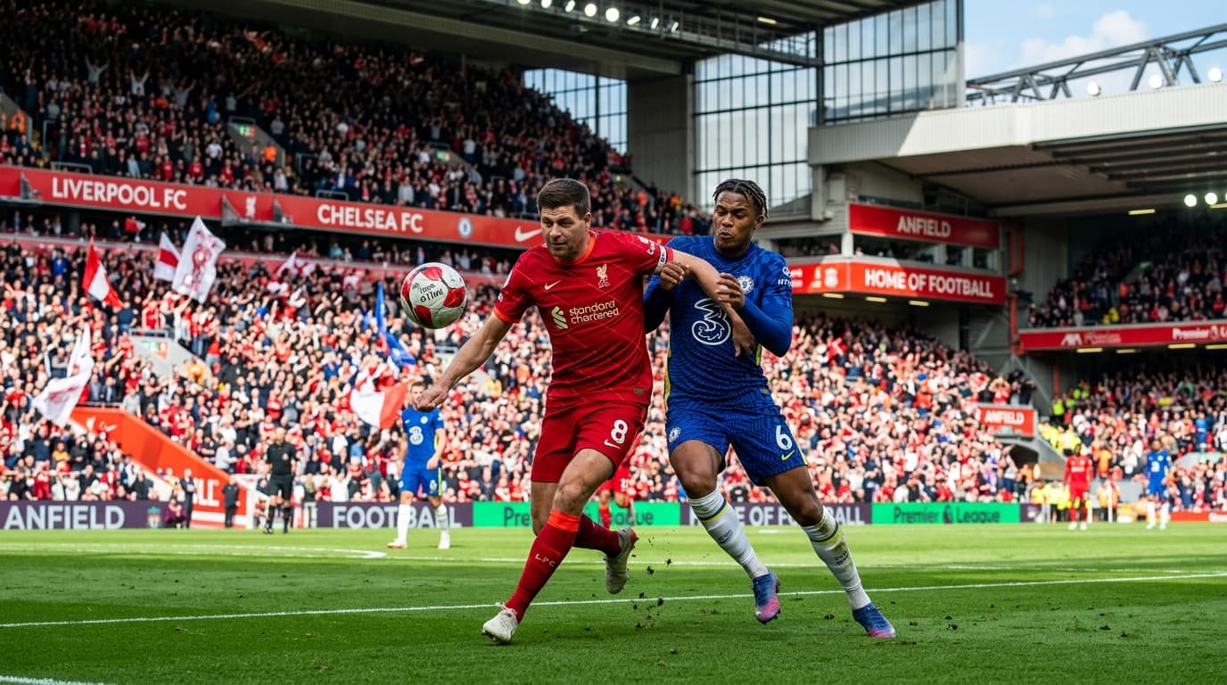 English Premier League live football match in a packed English stadium