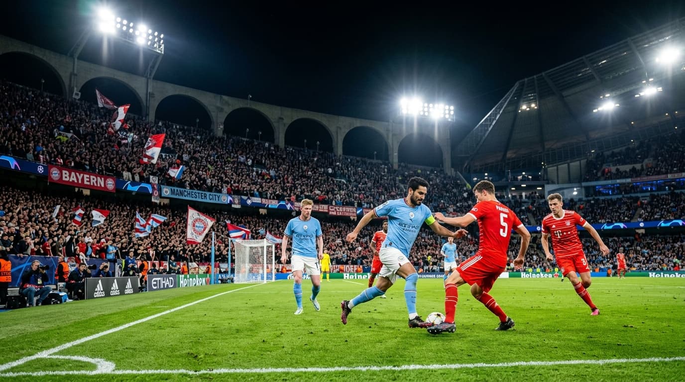 Top European football clubs playing live match under stadium floodlights